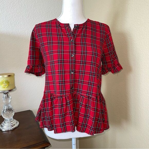 Madewell Plaid Red Ruffle Button Down Top Blouse XS - Picture 2 of 3